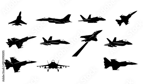 A collection of black silhouettes of various fighter jets in flight