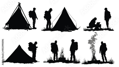 Summer camping adventure silhouettes outdoor activity collection