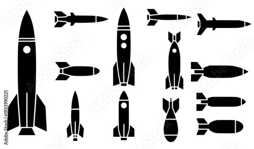 A set of black silhouette rocket icons on a white background