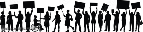 Black silhouette collection of a diverse group of people and a person in a wheelchair holding protest signs for social justice activism and civil rights concepts.