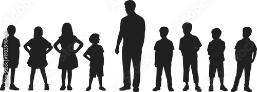 Black silhouette collection of an adult man standing with a group of young children for elementary education mentorship fatherhood and primary school leadership concepts.
