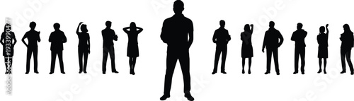 Black silhouette collection of a central leader standing with a diverse group of professional people for corporate management team leadership and recruitment concepts.