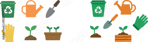Various gardening tools are displayed, including a recycling bin, watering can, trowel, gloves, and pots with young plants. Perfect for eco-conscious gardeners.
