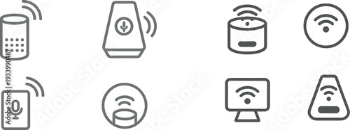 Various smart home devices including a speaker, hub, tablet, and controller, designed for voice interaction and wireless connectivity, enhancing daily living experience.