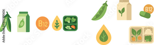 Icons illustrate various nutritional elements including vegetables, a carton of plant-based milk, and essential vitamins. These elements promote awareness about healthy eating choices.