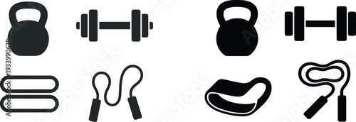 Various fitness tools are displayed, including a kettlebell, dumbbell, resistance bands, and a jump rope, indicating a focus on strength and cardio workouts.