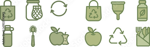 The collection of icons illustrates concepts related to sustainability, including a reusable bag, glass jar, recycling symbol, water bottle, cleaning tool, and an apple core.