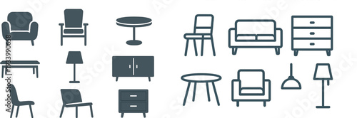 A variety of modern furniture pieces are displayed, including chairs, tables, and lamps in a minimalist style. The collection showcases clean lines and functional design.