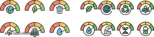 Several gauges illustrate different environmental metrics. They convey information about planetary health, energy consumption, waste management, and renewable resources in a colorful format.