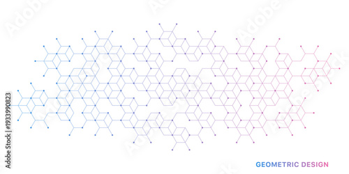 Abstract geometric 3D cube structure with connected lines and dots on white background. Concept of digital technology, blockchain, data visualization, architecture, innovation and modern design
