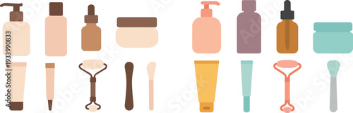 A selection of minimalist skincare products arranged neatly on a simple background. The variety includes creams, serums, and tools, showcasing a modern approach to beauty routines.