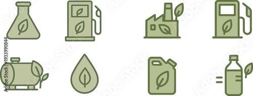 Four icons illustrate eco-friendly fuel concepts, featuring a laboratory flask, a fuel dispenser, a storage tank, and a water droplet. Each icon includes a leaf, emphasizing sustainability.