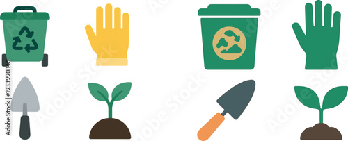 A collection of gardening and recycling tools displayed, including a green recycling bin, a yellow glove, a trowel, and a small plant sprouting from soil, symbolizing eco-friendly practices.