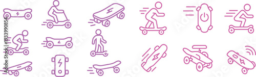 Stylized illustrations depict dynamic activities involving electric skateboards and riders. Various poses capture the excitement and agility of these modern transportation options in bright pink.