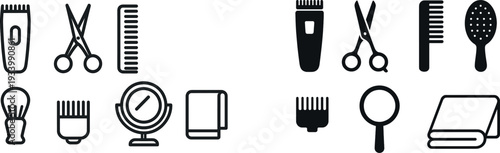 Various grooming tools arranged neatly include clippers, scissors, a comb, a mirror, a brush, and a towel, reflecting a professional barbershop environment.