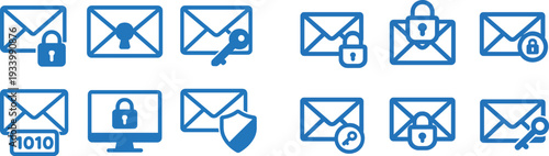 Collection of blue icons depicting secure email communication, featuring locked messages, a key, and a shield on a computer screen, symbolizing data protection and privacy.