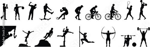 Black silhouette collection of diverse athletes engaging in sports including cycling climbing soccer and weightlifting for physical fitness training and healthy active lifestyle concepts.