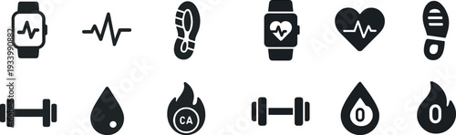 Various symbols representing fitness tracking technology are displayed, including a smartwatch, heart rate monitor, running shoe, and exercise equipment. These elements emphasize health awareness.