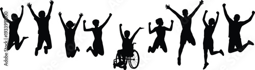 Black silhouette collection of diverse people and a person in a wheelchair jumping for joy for total inclusivity community success and empowered lifestyle concepts.