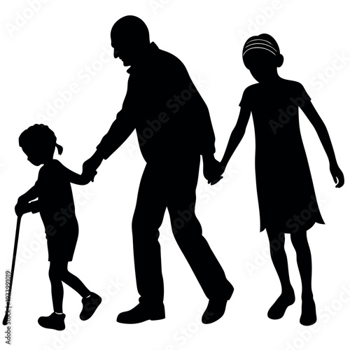 A silhouette grandparents walking with granddaughter. 