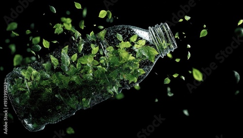 A clear plastic bottle filled with vibrant green leaves, floating against a solid black backdrop