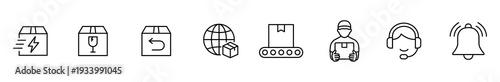 Shipping delivery package box logistics return support notification line icon set for ecommerce service, worldwide transport, warehouse conveyor, courier, customer care, alert bell, minimal outline