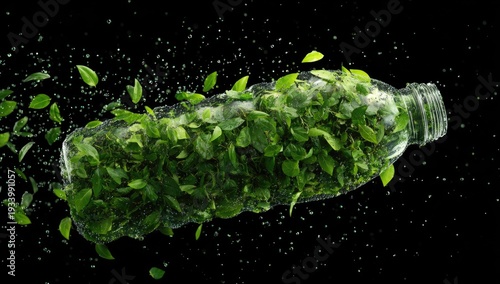 Clear plastic bottle filled with green leaves, surrounded by other leaves, on a black background