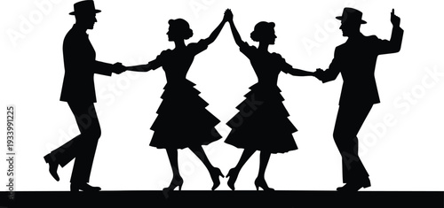 Black silhouette of retro 1950s rock and roll dancers performing swing dance move on white background for vintage party celebration and musical event poster