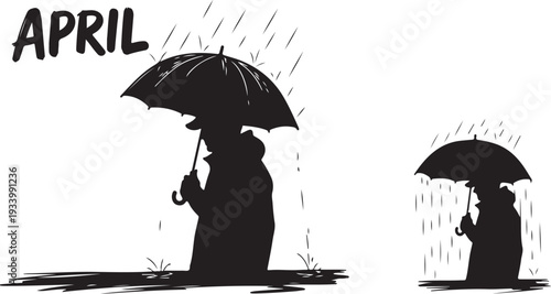 Silhouettes of people holding umbrellas in the rain April