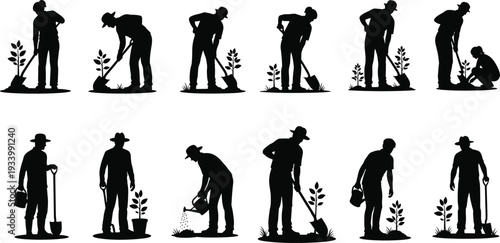 Gardener vector silhouette set, people planting trees, farmers digging and watering plants, agriculture and horticulture, man with shovel