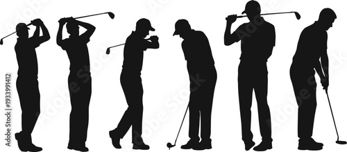 Golf player silhouette set, golfer in various poses, sport, recreation, swing, putting, golf club, vector illustration, isolated on white.