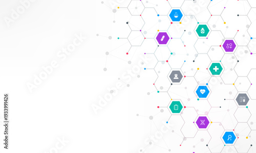 Medical background and healthcare technology with flat icons and symbols. Concept and idea for health care business, innovation medicine, health safety, science, medical research, and development.