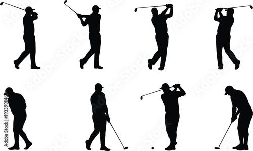Golf swing cad drawing flat vector illustration, eight silhouettes showing full sequence of club movement, front view athletic pose setGolf swing cad drawing flat vector illustration