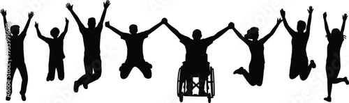 Black silhouette collection of diverse people and a person in a wheelchair jumping together and holding hands for total inclusivity and community success concepts.