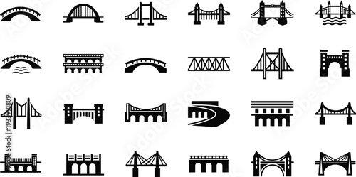 Collection of Twenty- Four Black Bridge Icons in Grid Format bridges silhouette