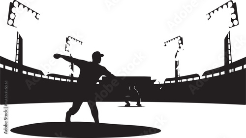 Baseball player pitching in a stadium at night game