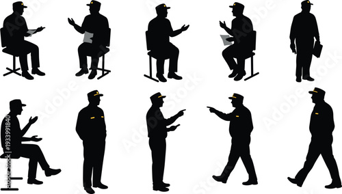 Diverse set of silhouette poses of a male police officer or security guard, from sitting to standing and walking, for professional and safety designs