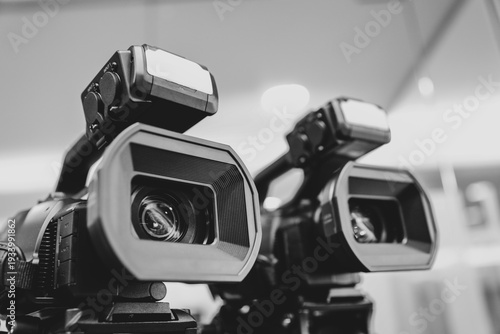 Photos Video camera for make movie or journalist interview broadcasting reporter news or press conference speaker or public speaking or report record and content creator live media