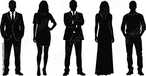 Diverse silhouettes of men and women in business and casual clothing isolated on white background, black and white vector illustration