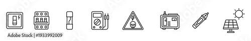 Electricity icon outline battery circuit breaker fuse multimeter warning sign electrical panel solar panel collection, minimal line symbol for power safety, testing, renewable energy, web interface