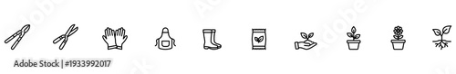 Garden tool pruner scissors glove apron boot seed packet hand seedling pot plant sprout icon outline illustration suitable for banner, poster, infographic, web, print