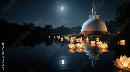 Buddhist White Stupa With Glowing Lotus Lanterns On Water At Night — Sri Lanka Vesak Poya Day
