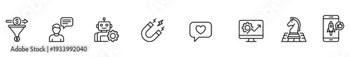 Icon business marketing communication automation magnet love analytics line icon set with finance funnel chatbot, robot, service growth chart, chess strategy, smartphone launch on white background