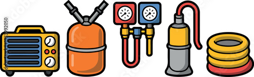 Different tools used in refrigeration work including a gauge set, gas cylinder, vacuum pump, and hoses, commonly found in maintenance and repair shops