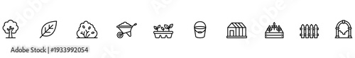 Garden icon outline set tree leaf bush wheelbarrow seedling pot minimalist black line symbol collection for landscaping, planting, horticulture, farm tool, greenhouse, fence, and nature design