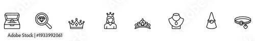 Jewelry icon outline crown tiara necklace ring bracelet set, minimalist black line symbols featuring jewelry box, diamond magnifier, queen portrait, pendant, bangle for design