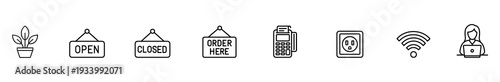 Line icon open sign closed sign order sign payment terminal power outlet wifi symbol laptop user potted plant minimal outline set for shop cafe retail web interface