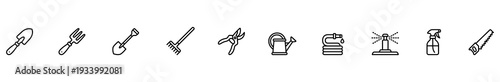 Garden tool icon outline vector set illustration black line collection of shovel fork rake pruner watering can hose sprinkler spray bottle saw on white background minimalist design