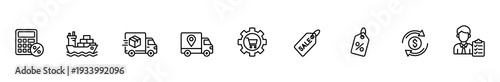 Logistics shipping delivery discount sale percentage finance management line icons for supply chain freight tracking pricing accounting customer service and business report