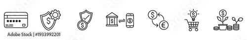 Finance payment credit card security shield coin bank smartphone outline icons set for banking, currency exchange, online shopping, savings growth, investment concept, monochrome vector
